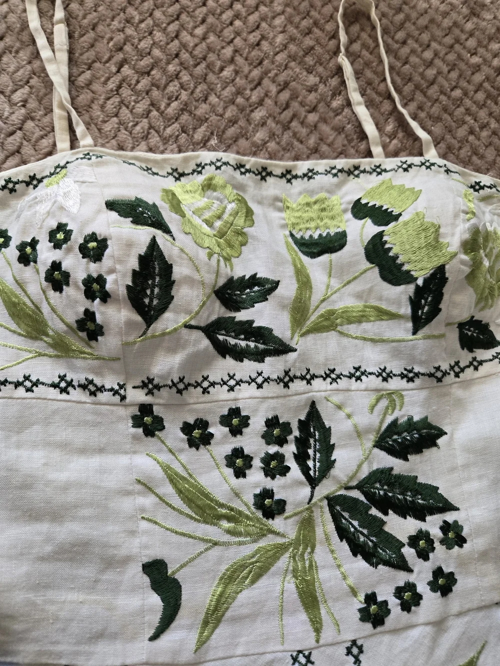 Sue Wong 100% Linen Embroidered Floral Dress Size 8 White Green Yellow